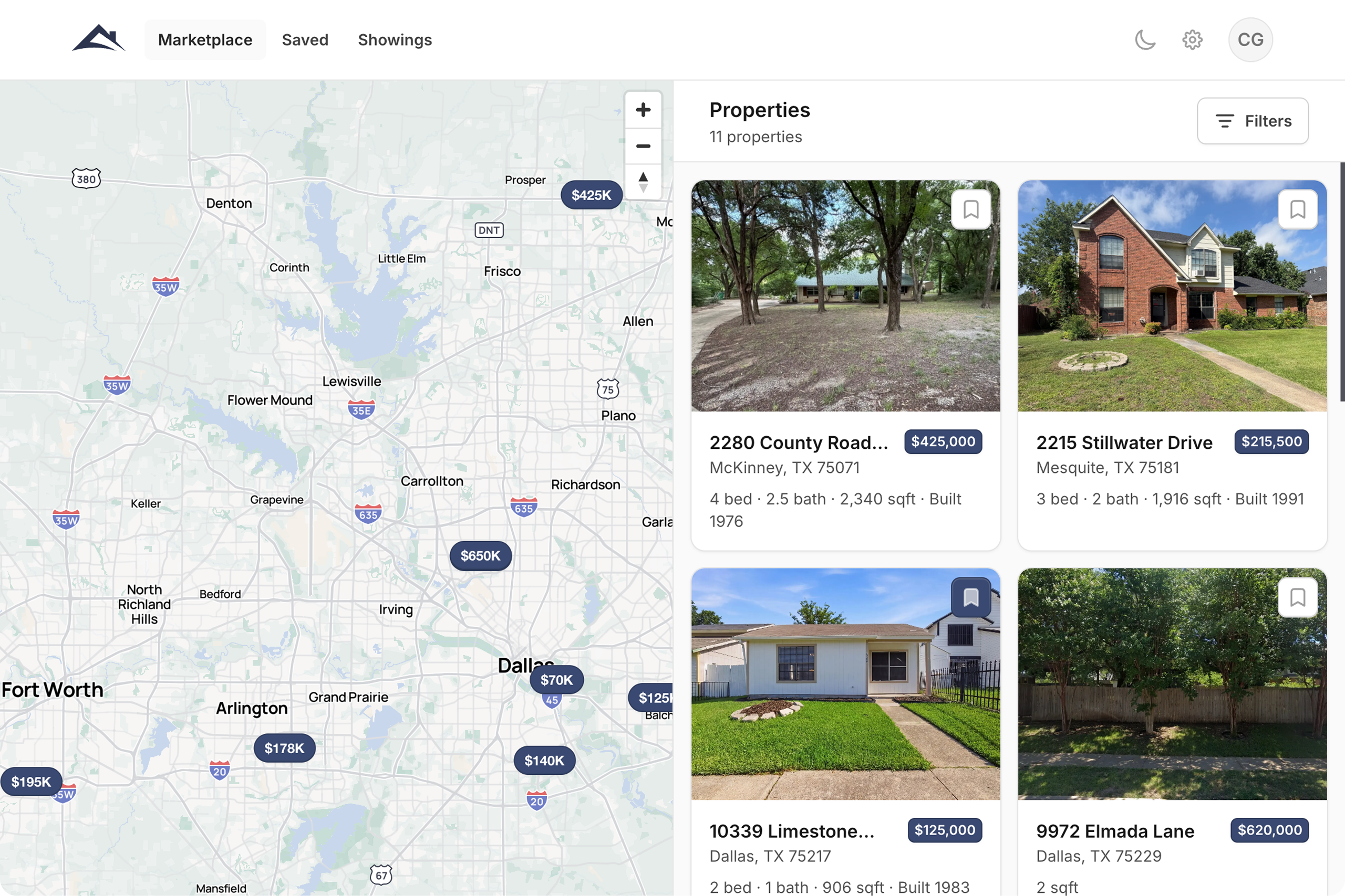 RFP Homes marketplace showing off-market DFW properties on a map with price pins and property cards